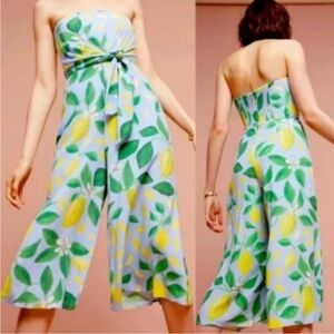 Anthropologie × Maeve Lemon Grove Strapless Lemon-Blue Wide-Leg Jumpsuit size 6